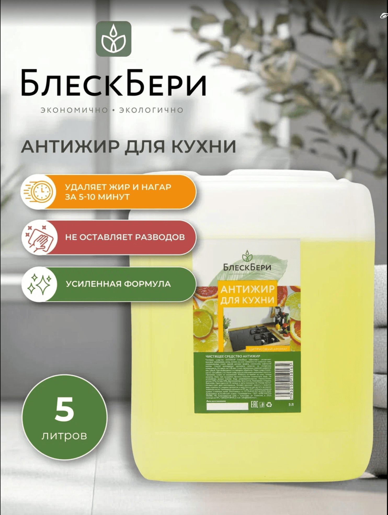 Чистящее средство для кухни АНТИЖИР БлескБери цитрусовый аромат 5л